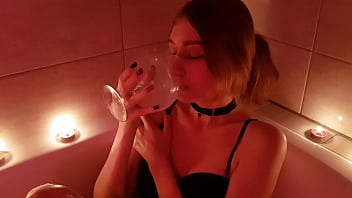 A Sexy Cutie Resting in a Beautiful Bathroom by candlelight and Drinks MILK: Footjob and Blowjob